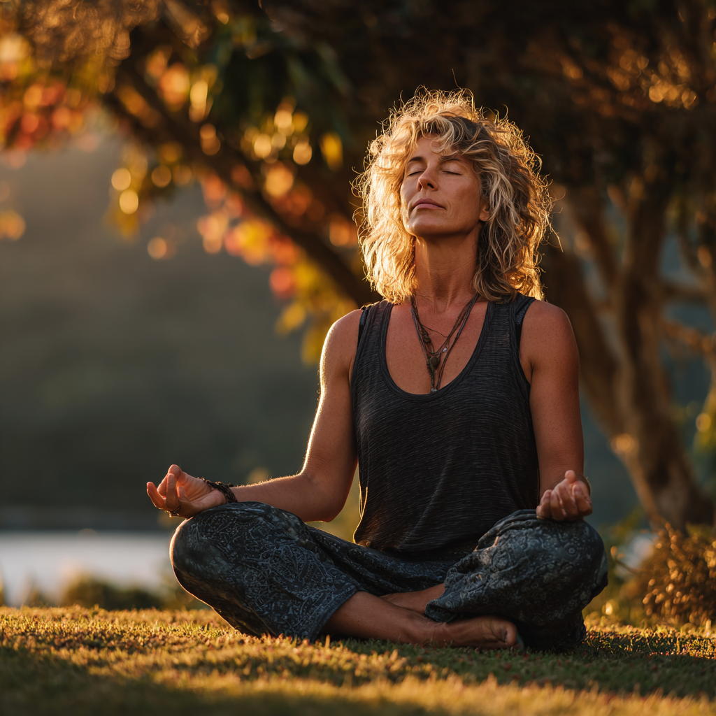 Peaceful woman in her forties practicing yoga meditation in a serene natural setting, sitting cross-legged with eyes closed